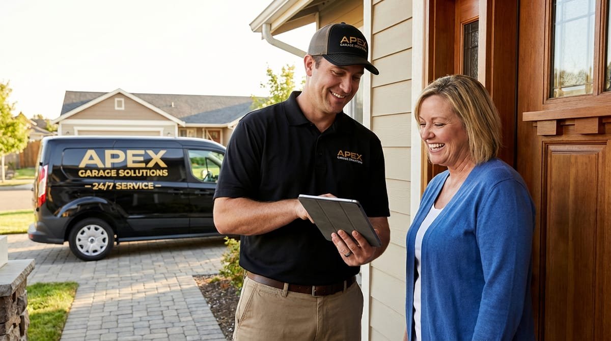 Desco garage door expert consulting with homeowner