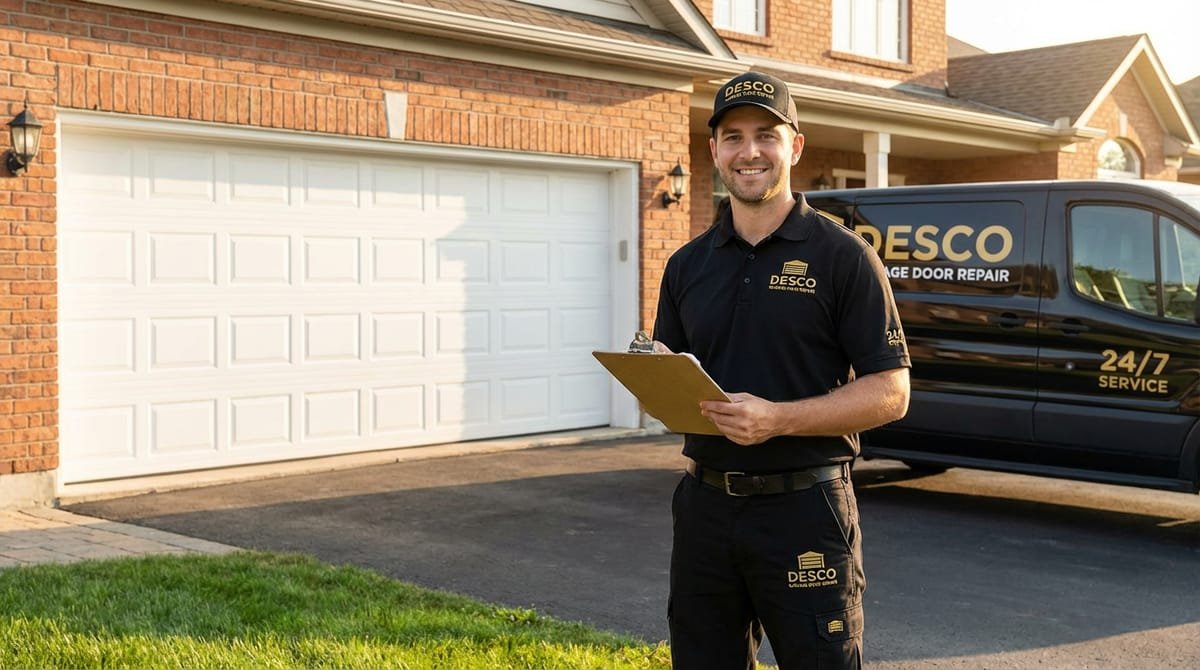 Desco Garage Door Repair technician at customer home in Stoughton MA