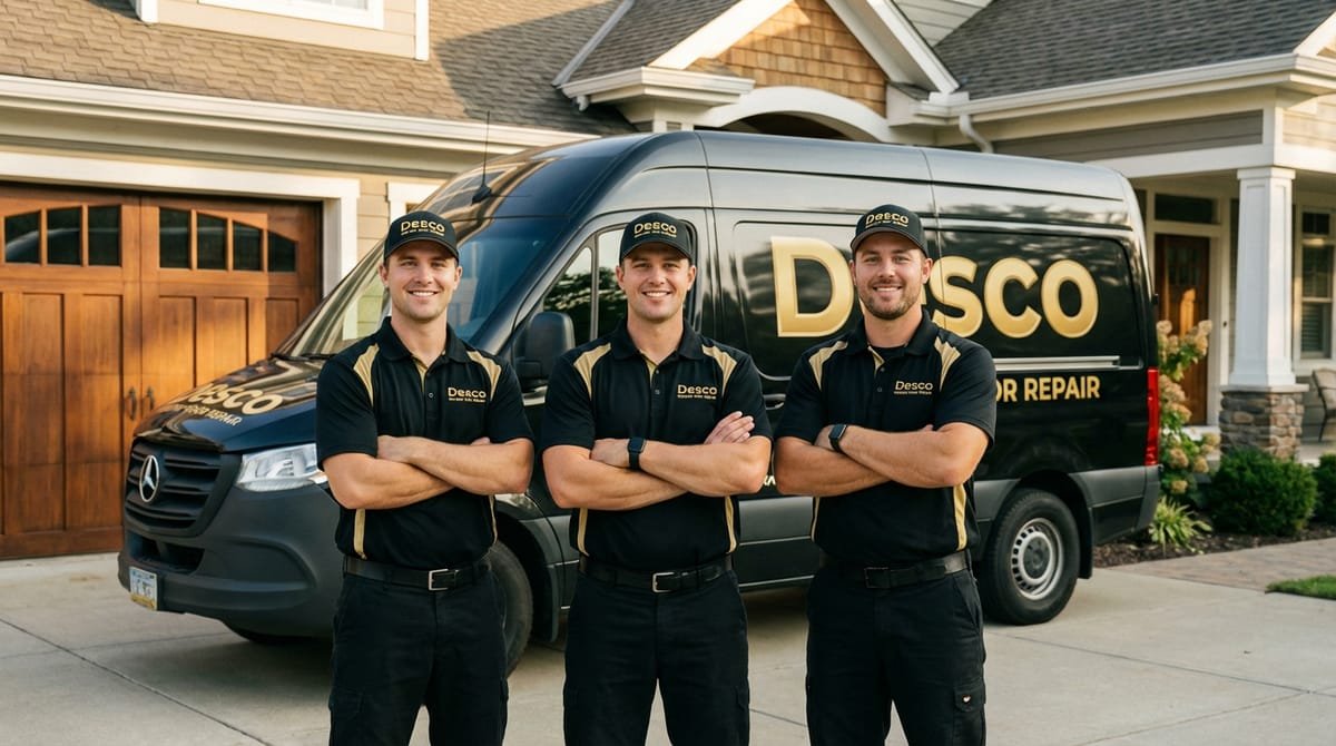 Desco Garage Door Repair team in branded uniforms with company service van