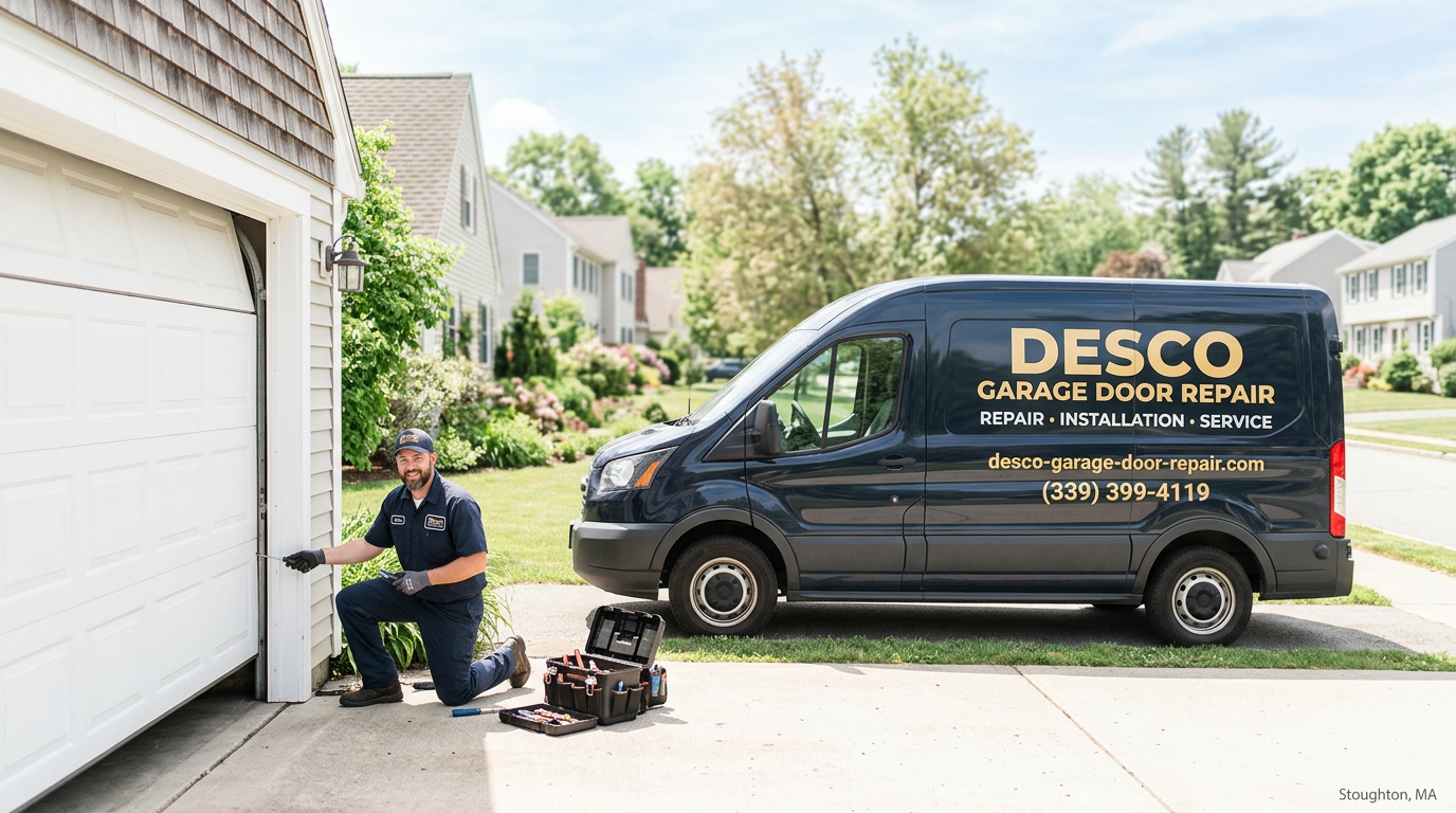 Desco technician repairing garage door in Sudbury MA